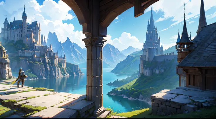 fantasy adventurer (detailed armour, glowing armour, bulky armour, hooded), cliff, fantasy city (far away), lake (in the middle), mountains, desktop wallpaper, vivid colors, HDR, ultra-detailed, realistic, studio lighting, anime artstyle