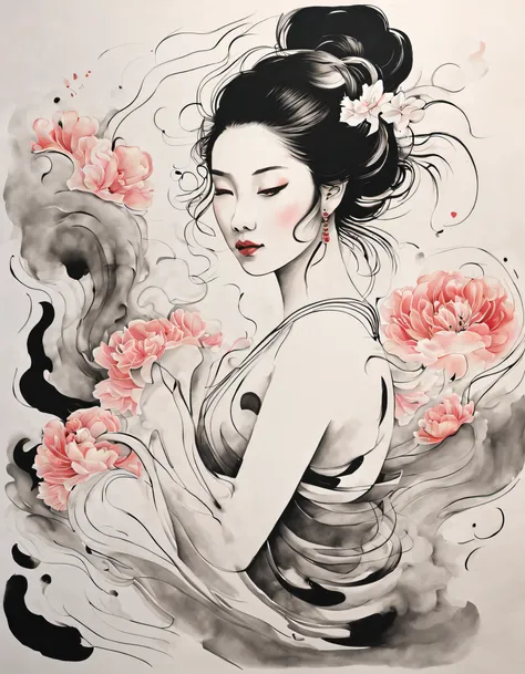 chinese traditional ink body art style, (use simple lines to outline a woman’s graceful figure），sweetheart&#39;come back, undula...