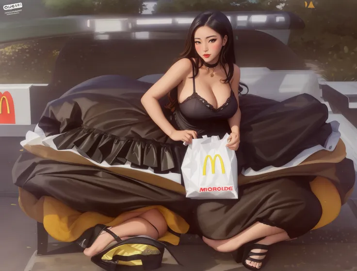 araffe woman sitting on a bench with a bag of mcdonalds, giantess art, [ 4 k digital art ]!!, style artgerm, artgerm style, artwork in the style of guweiz, serving big macs, super realistic food picture, real life big mom, like artgerm, in style of artgerm