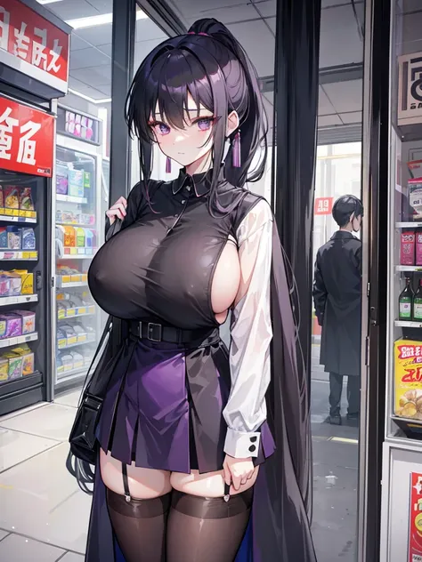 Long black ponytail，slanted hair curtain，Looks like a mature lady，Girl in good shape，Light purple eyes，Two long hair curtains，Short black coat，A faint smile on the face，Convenience store counters，black short skirt，Senior model，black lence stockings，huge ti...