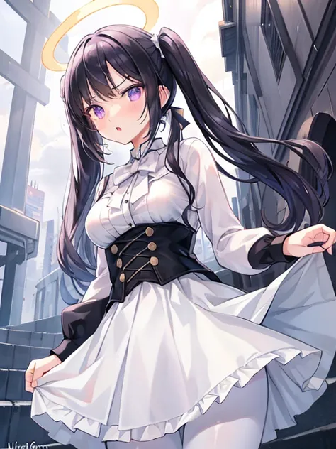 white skirt,black hair, twintails, white skirt,white pantyhose,corset, 8K, masterpiece,detailed halo,16 years old highly detailed face,medium breast,solid circle eyes,wing on the waist,purple eyes,god ray,detailed shading,depth of field BREAK angry, :o, bl...