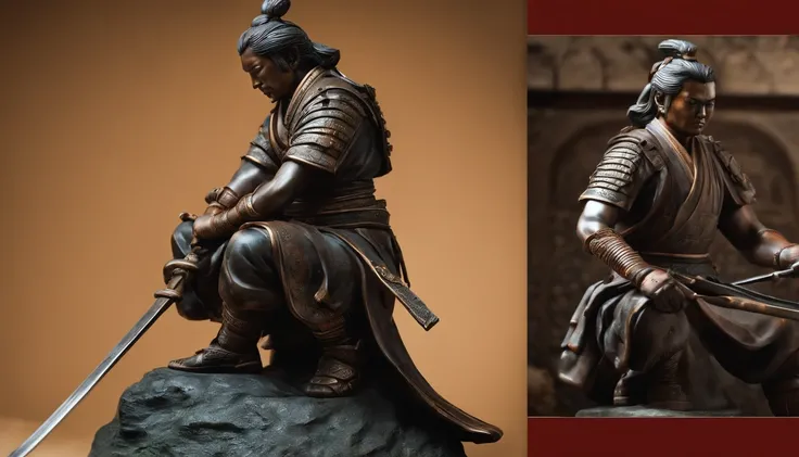 Dibuja una estatua de metal de Musashi en una pose contemplativa, sosteniendo una espada y un pergamino.