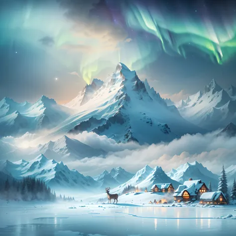 The best quality, A high resolution (Masterpiece: 1.2), Snowy mountain landscape with fog, aurora, Towering snow-capped mountains, Igloo, reindeer, sled, New Moon, Shining stars, Frozen lake, Vast and breathtaking scenery.