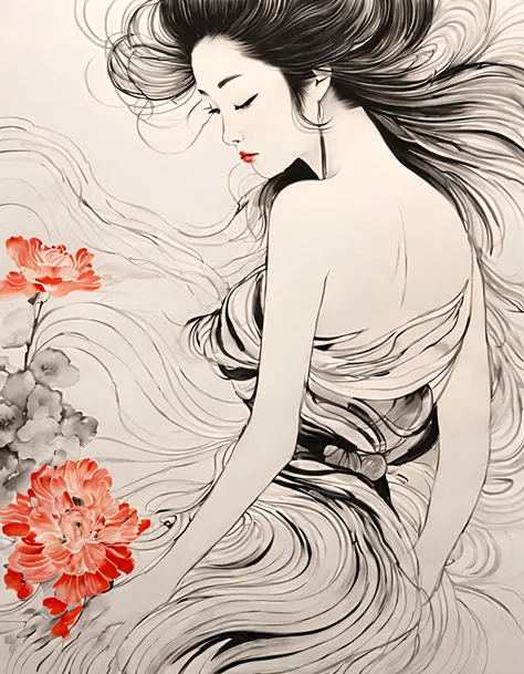 chinese traditional ink body art style, (use simple lines to outline a woman’s graceful figure），on  back, undulating lines, thic...