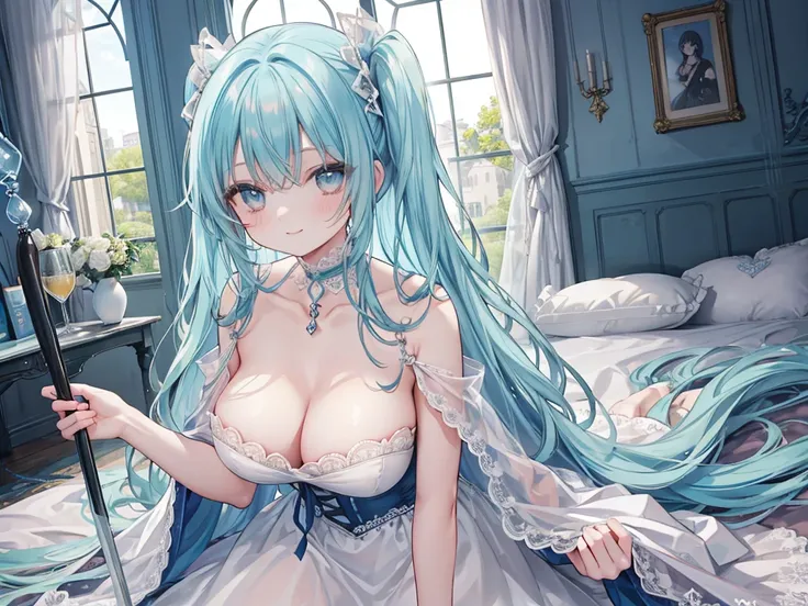 1 woman、Hair that shines like pale aquamarine、Twin-tailed、Sparkling aquamarine eyes、爆乳、Too large breasts、Seductive breasts、Lace dress、doress、lace cape、aquamarine choker、Castle Room、Long Lace Bale、Ruffles and ribbons、A smile、The upper part of the body