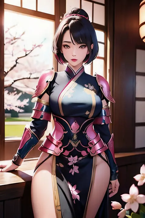 beautiful japanese young woman, wearing ninja armor, thick symmetrical features, very short hair, background is cherry blossoms,...