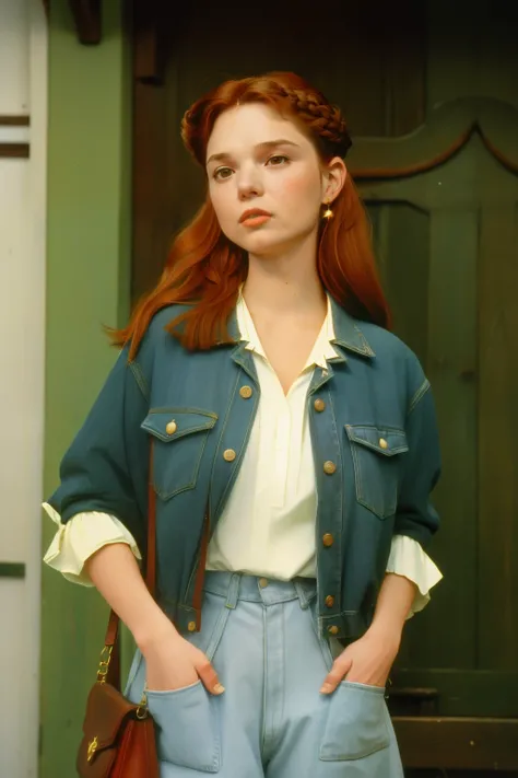 1997, Berkshire County, Massachusetts. Pre-raphaelite (((45-year-old Sutton Foster))), redhead, visiting the village street, ((((casual Clothing from the 1990s)))), ((Hairstyle of the 1990s)), ((Wes Anderson cinematic style)), colorful