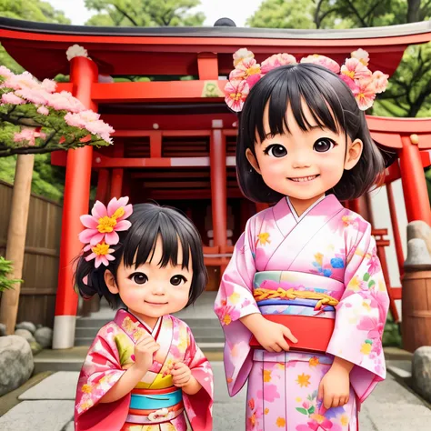 photoRealstic、Japan shrine in the background、３Year old girl、Wearing a kimono to celebrate Shichi-Go-San、Traditional events of Japan、Smile, kawaii pose 、 ultradetailed eyes、Full Paint、Floral hair ornament、butterfly hair ornament、on my right hand, I have a b...