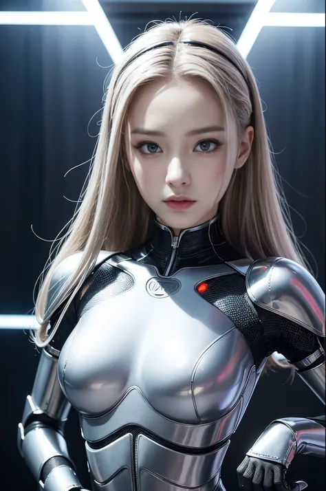 Whole head metal、A female android made entirely of metal.、Sexy Body、perfectly proportions、bewitching poses、full body photographed、