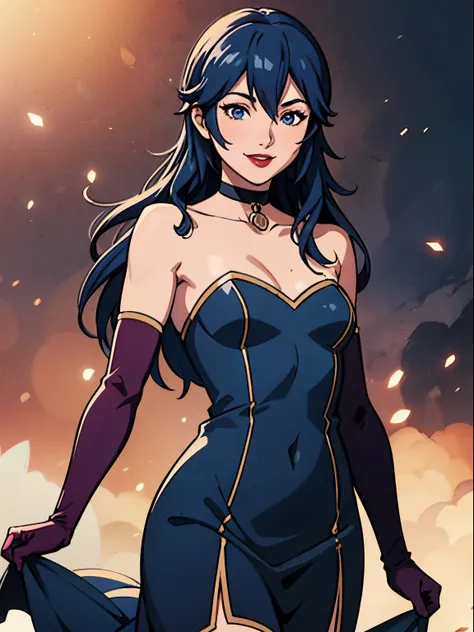 lucina fe, blue hair, blue eyes, blue dress, strapless dress, long white elbow gloves, smile, light red lipstick, dark purple ey...