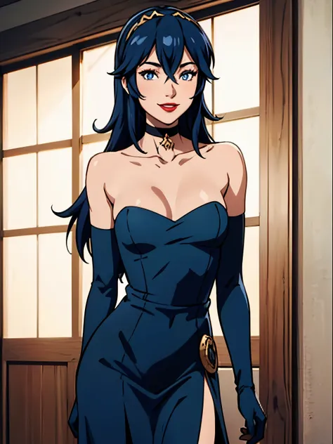 lucina fe, blue hair, blue eyes, blue dress, strapless dress, long white elbow gloves, smile, light red lipstick, dark purple eye shadow, makeup, black choker, cowboy shot