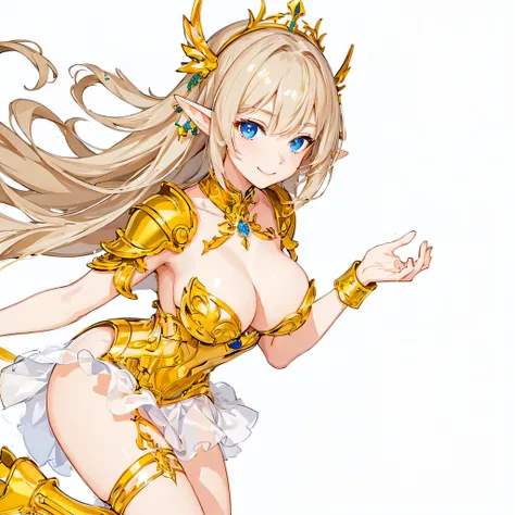 ​masterpiece、top-quality、ighly detailed、hight resolution、１６ｋ、fullnude、teats、Boob proportions、golden armour、Very thin skirt、Black pants、Full body like、Very white skin、Beautiful fingers、Anime girl with very big breasts posing naked、Perfect Style、elvish、no-br...