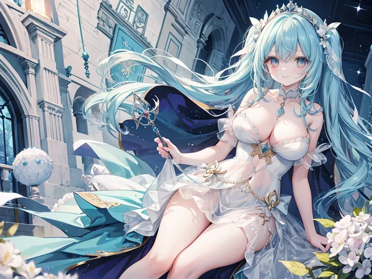 1 woman、Hair that shines like pale aquamarine、Twin-tailed、Sparkling aquamarine eyes、爆乳、Too large breasts、Seductive breasts、Lace dress、Goddess dress、Tiara of the Goddess、goddess god々Feeling、lace cape、aquamarine choker、Castle Room、Long Lace Bale、Ruffles and ...