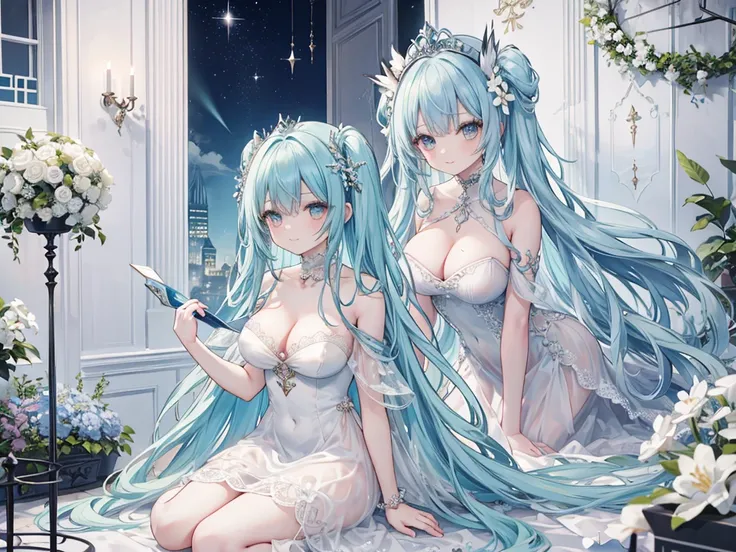 1 woman、Hair that shines like pale aquamarine、Twin-tailed、Sparkling aquamarine eyes、爆乳、Too large breasts、Seductive breasts、Lace dress、Goddess dress、Tiara of the Goddess、goddess god々Feeling、lace cape、aquamarine choker、Castle Room、Long Lace Bale、Ruffles and ...