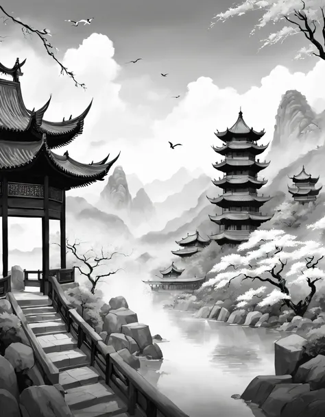 (Landscape painting in Chinese boundary painting art style）, Inspired by world famous paintings《Yellow crane tower》、《Pictures of Tengwang Pavilion》，
border painting art，line art, Black and white painting, simple black and white painting，ancient wind，Chines...