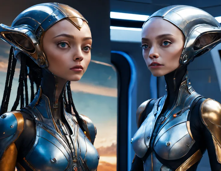 (cuerpo completo), extraterrestrial alien female similar to Lihö-Minaa princess of the people of the planet mül from the film Valerian and the city of a thousand planets , cuerpo atletico y exuberante, vestida de traje de noche corto, engarzado con oro ref...