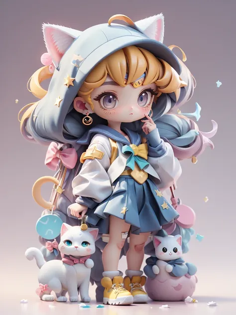 Sailor moon costumei、a sailor suit、Yellow hairs、yellow long twin tail hairstyle、, is standing,The legs are２Boken、Facing the front、Looking at the camera、 Expressionless girl, whitish eyes, fullllbody, Chibi, Full Body Art,1girl in, human - shaped , 3 d, ( h...