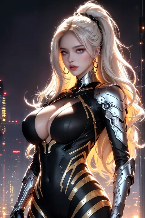 (masterpiece), best quality, expressive eyes, perfect face, beautiful details face, beautiful round eyes, full body, A beautiful mature woman in cyber armour suit shows her Extremely busty and attractive breasts, (arrogant face), (platinum red hair), (curt...