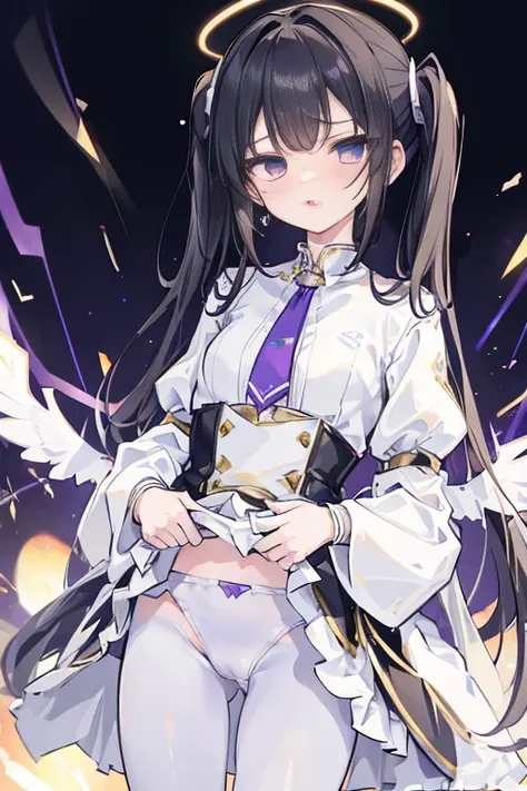 skirtliftfront, white skirt,black hair, twintails, white skirt,white pantyhose,corset, 8K, masterpiece,detailed halo,16 years old highly detailed face,medium breast,solid circle eyes,wing on the waist,purple eyes,god ray,detailed shading,depth of field BRE...