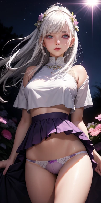 realistic, 1girl, white hair, purple eyes, glowing eyes, crop top, skirt, parted lips, blush, night, flowers, sun, sunlight,((show panties))