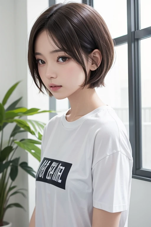 short-hair、white walls、tshirts、Mature atmosphere