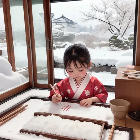 photoRealstic、Japanese New Year traditional events、girl starting calligraphy、Snow outside the window