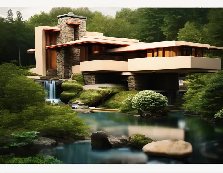 (((An amazing house))), (minimalism and brutalism style influence), ((Frank Lloyd Wright Fallingwater)),(((with large terraces))), (beautiful gardens), ((natural lake)), waterfall ((top of a small hill)), (in edge of a river), sunset, big, deep and beautif...