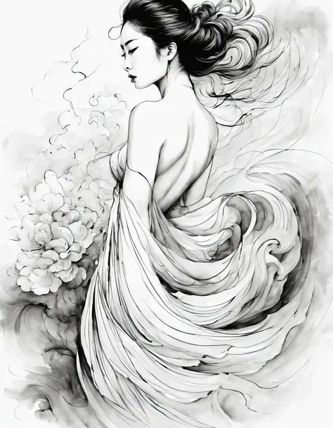 chinese traditional ink body art style, (use simple lines to outline a woman’s graceful figure），back, undulating lines, thick an...