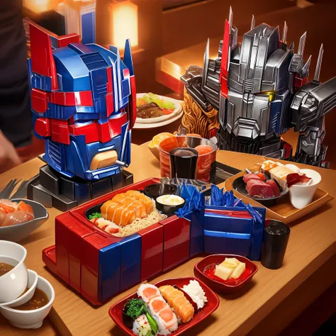 Optimus Prime eating ramen and sushi at a fancy restaurant