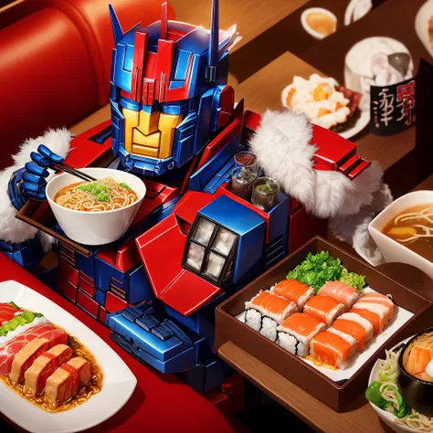 Optimus Prime eating ramen and sushi at a fancy restaurant