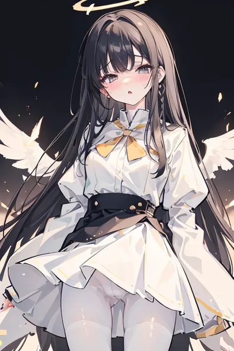 white skirt,black hair, single braid, white skirt,white pantyhose,corset, 8K, masterpiece,detailed halo,16 years old highly detailed face,medium breast,wing on the waist, closed eyes,god ray,detailed shading,depth of field BREAK tear, sobbing, angry, :o, b...