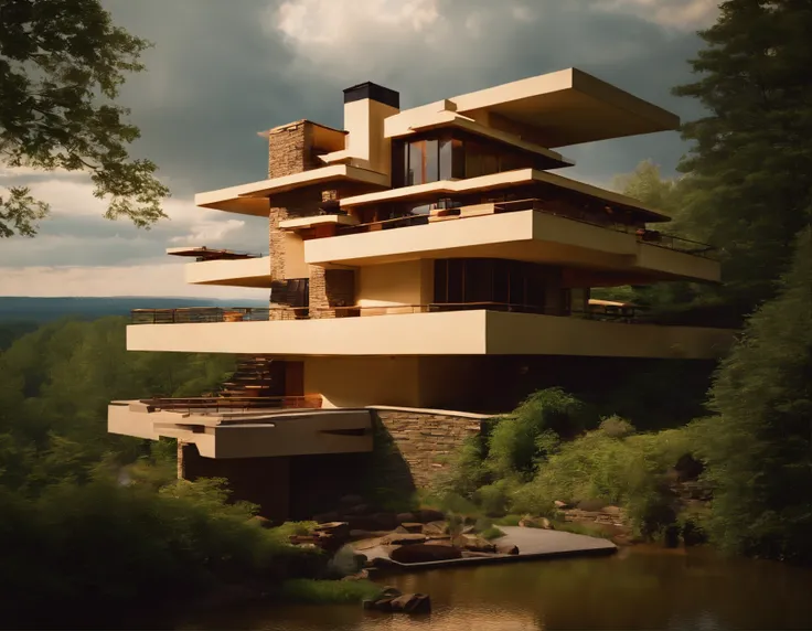 (((An amazing house))), (minimalism and brutalism style influence), ((Frank Lloyd Wright Fallingwater)),(((with large terraces))), (beautiful gardens), ((natural lake)), waterfall ((top of a small hill)), (in edge of a river), sunset, big, deep and beautif...