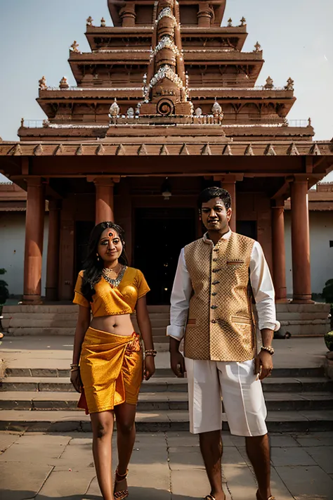 Traditional South Indian married couple in front of a magnificent Hindu temple.