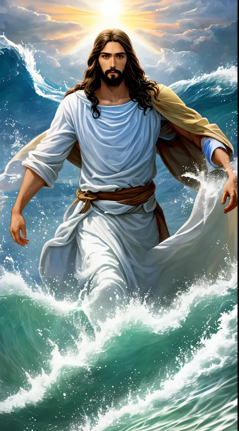 (detailed description) (better quality) Create an image of Jesus coming out of the sea