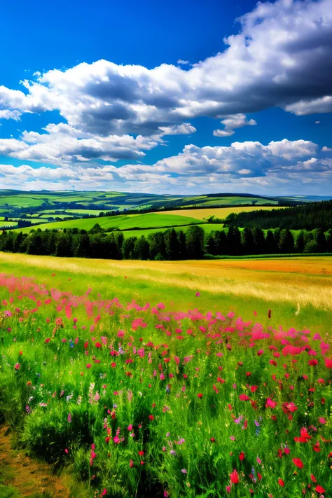 steppe landscape，blue sky and clouds,  green forest, dingdall effect，a country road，Colorful hot air balloon，high quality desktop wallpaper, verdant forest, Detailed field properties, beautiful english countryside, amazing scenery, endless rolling hills, s...