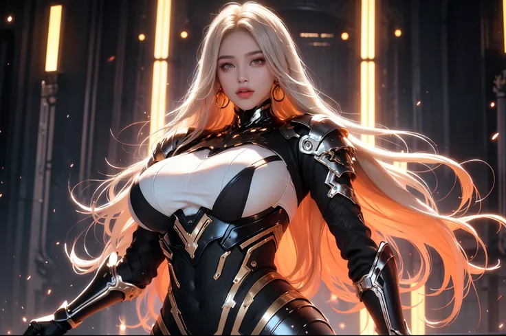 (masterpiece), best quality, expressive eyes, perfect face, beautiful details face, beautiful round eyes, full body, A beautiful mature woman in cyber armour suit shows her Extremely busty and attractive breasts, (arrogant face), (platinum red hair), (curt...