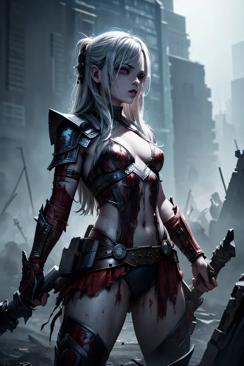 dead rotting evil zombie girl, comic accurate Thor costume, sexi, revealing, wielding a hammer, rusty asgardian armor and cloack, torn costume, evil look, psychotic, bloody, combat stance, highly detailed, vibrant appearance, creative behavior, imaginative...