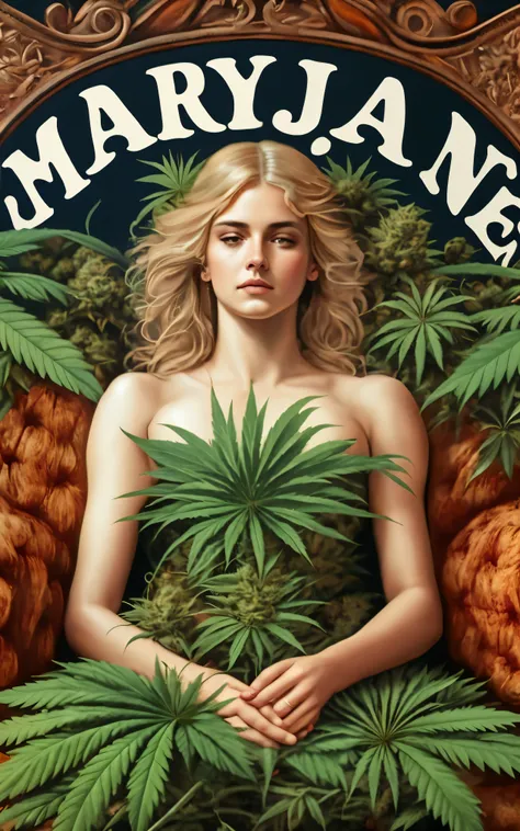 um close de uma mulher segurando um pote de maconha, Princesa da Cannabis, personification of marijuana, organic marijuana painting, paranoia da Cannabis, Cannabis, inspirado por Mary Jane Begin, Cannabis!, Maria Jane, parte estilo leyendecker, high times ...