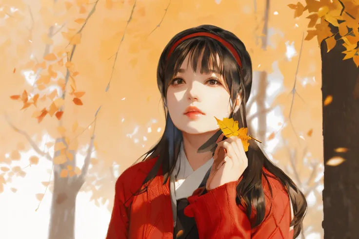 Araf woman in red sweater holding a leaf in front of her face, 🍁 cute big breasts, ulzzangs, Hair turns into autumn leaves, Blunt bangs fell on her forehead, Inspired by Kim Chung Hee, Cute Korean face, Bae Xiuzhi, in fall, lalisa manobal, She has black ha...