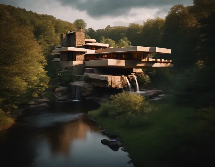 (((An amazing house))), (minimalism and brutalism style influence), ((Frank Lloyd Wright Fallingwater)),(((with large terraces))), (((Wooden panels in dark grey))) (beautiful gardens), ((natural lake)), waterfall ((top of a small hill)), (in edge of a rive...