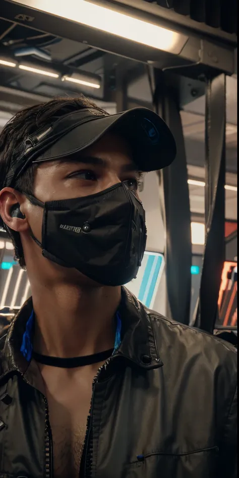 Headphone,Mask, Gamer cyberpunk handsome boy realistic face 8k,ultra realistic