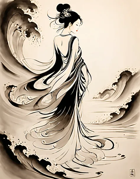 chinese traditional ink body art style, (use simple lines to outline a woman’s graceful figure），standing back, undulating lines,...