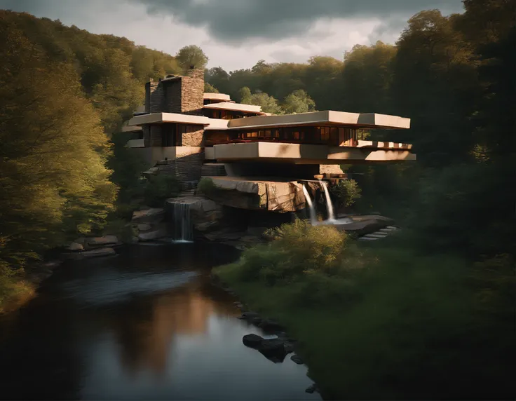 (((An amazing house))), (minimalism and brutalism style influence), ((Frank Lloyd Wright Fallingwater)),(((with large terraces))), (((Wooden panels in dark grey))) (beautiful gardens), ((natural lake)), waterfall ((top of a small hill)), (in edge of a rive...