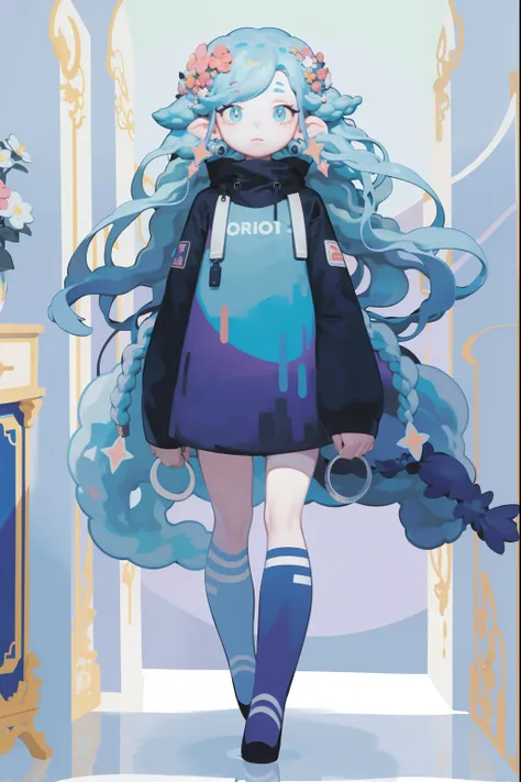 1 girl,chibi, long blue hair, in full height, pink clothes