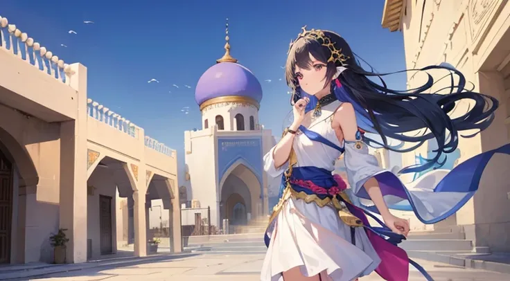 2 cute girls、plethora of colors、Middle Eastern wind、Arab、Aladdin style、Luxurious costumes、arabic colors、arabic decoration、There is a white mosque in the background、细致背景、ultra-detailliert、best qualtiy、Highest Quality