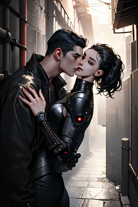 (Best Quality, Masterpiece) man and girl kissing, couple kissing,  (The details are great), the night, a boy and a girl, Young, sharp facial features,  black  hair, Beautiful, detailed faces, 4k, Black Cyberpunk Clothing, light skin, gloomily, dark alley