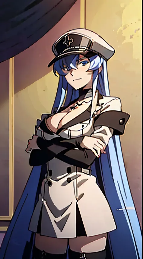 masterpiece, best quality, very detailed 
Esdeath, 1girl, solo, long_hair, breasts, large_breasts, thighhighs, hat, cleavage, boots, choker, uniform, zettai_ryouiki, military, military_uniform, front view, portrait,cruel smile,look at viewer, body