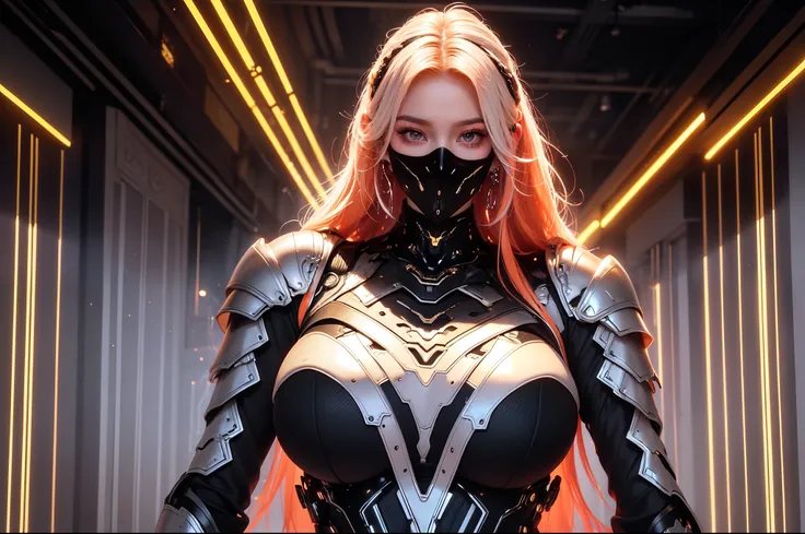 (masterpiece), best quality, expressive eyes, perfect face, beautiful details face, beautiful round eyes, full body, A beautiful mature woman in cyber armour suit shows her Extremely busty and attractive breasts, (arrogant face), (platinum red hair), (curt...