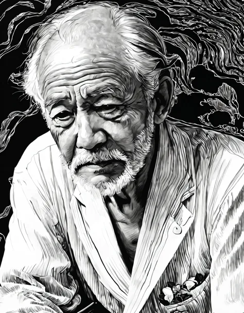 （grandpa portrait closeup) ，simple black and white painting，，undulating lines, thick and thin lines, line art, black and white p...