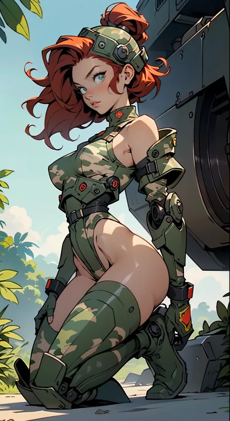 1woman 20 years old, max resolution, sculpted, military, wearing a soldier helmet, beautiful, perfect body, red hair, blue eyes, perfect body, thin waist, wide hips, large breasts, slim thighs, jungle background, armored vehicle, military robot dog, camouf...